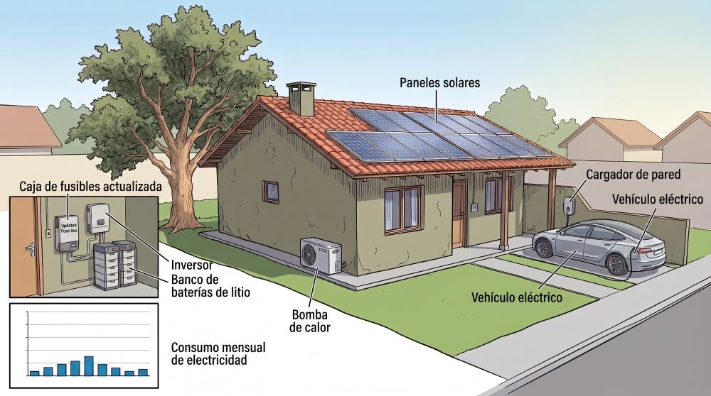 Ilustración de un parque solar al amanecer